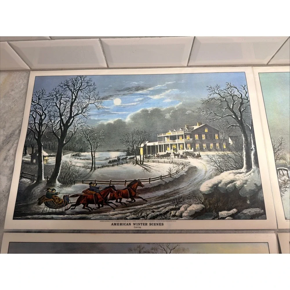 4 PLACEMATS Vintage Currier And Ives American Winter Scenes Reversible C&I Litho